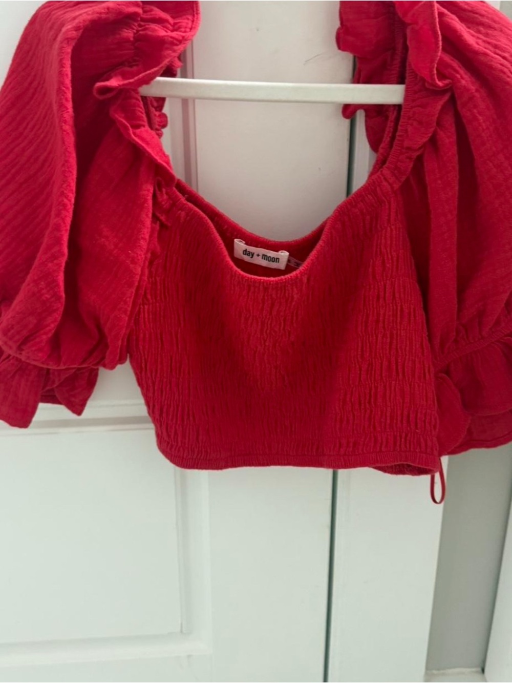 Red Smocked Puff Sleeve Crop Top